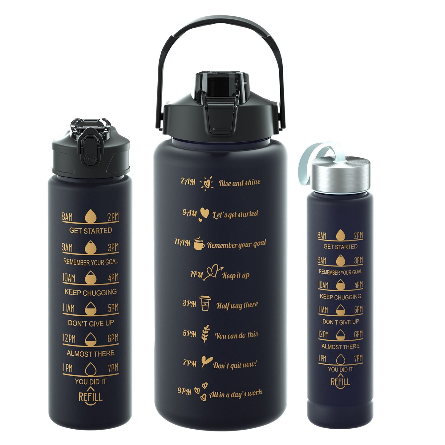3-piece Sports Cup Set in solid black, with built in straw and 3 different sizes, 2 litres, 800ml and 300ml. They have a drinking time line on the bottles in gold. the smallest bottle has a screw on lid with a fabric handle. The larger bottles have the locking straw screw on lid and the large 2 litre bottle has a carrying handle.