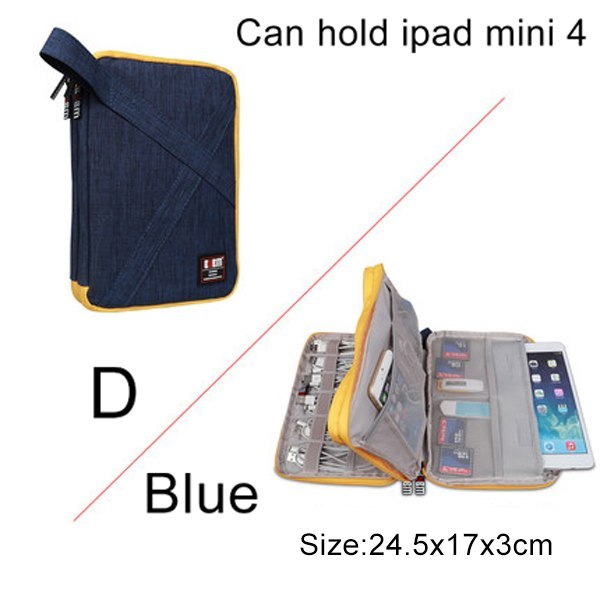 D Size Blue Cable Organiser bag for travel. it is rectangular with a yellow zipper. it has a pouch opened up showing where the cable are organised, there is a large and small pockets for a small tablet or phones, plugs and 3 other organiser bands.