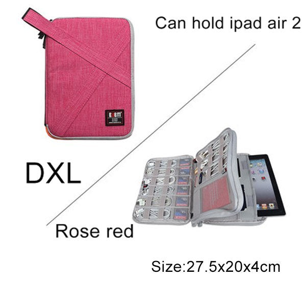 DXL Rose Red Pink Cable Organiser bag for travel. it is rectangular with a grey zipper. it has a multiple bands for cables there is an extra pouch that fits a tablet.