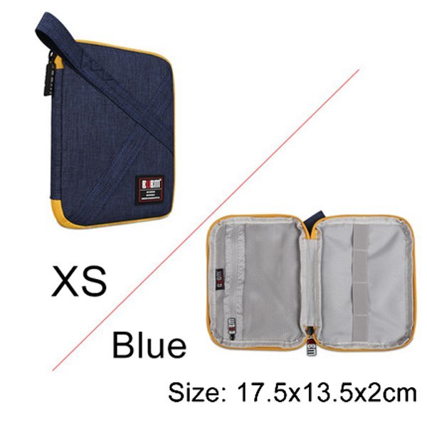 extra small grey Cable Organiser bag for travel. it is rectangular with a zipper. it has a pouch opened up showing where the cable are organised , there is a pocket for power banks or plugs and 4 organiser bands.