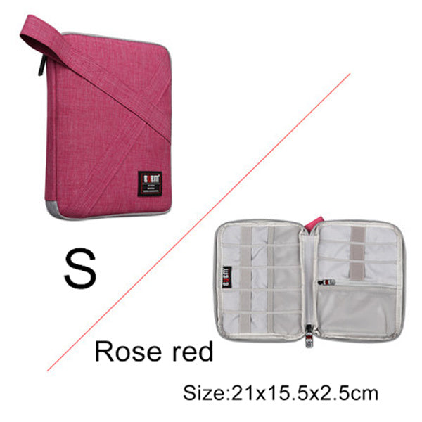 Small rose red Pink Cable Organiser bag for travel. it is rectangular with a zipper. it has a pouch opened up showing where the cable are organised , there is a pocket for phones or plugs and 3 other organiser bands.