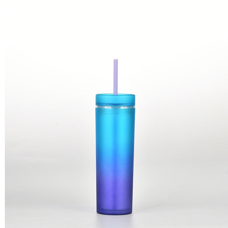 This is cup E. It has a sky blue lid. The gradient colors from bottom to top are Purple, navy, blue