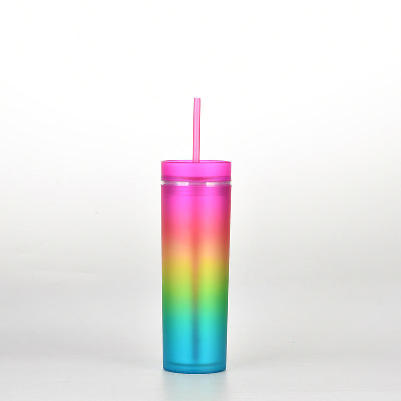This is cup F with the neon pink lid. The gradient colours from bottom to the top are blue, green, yellow, orange, pale red, pink.