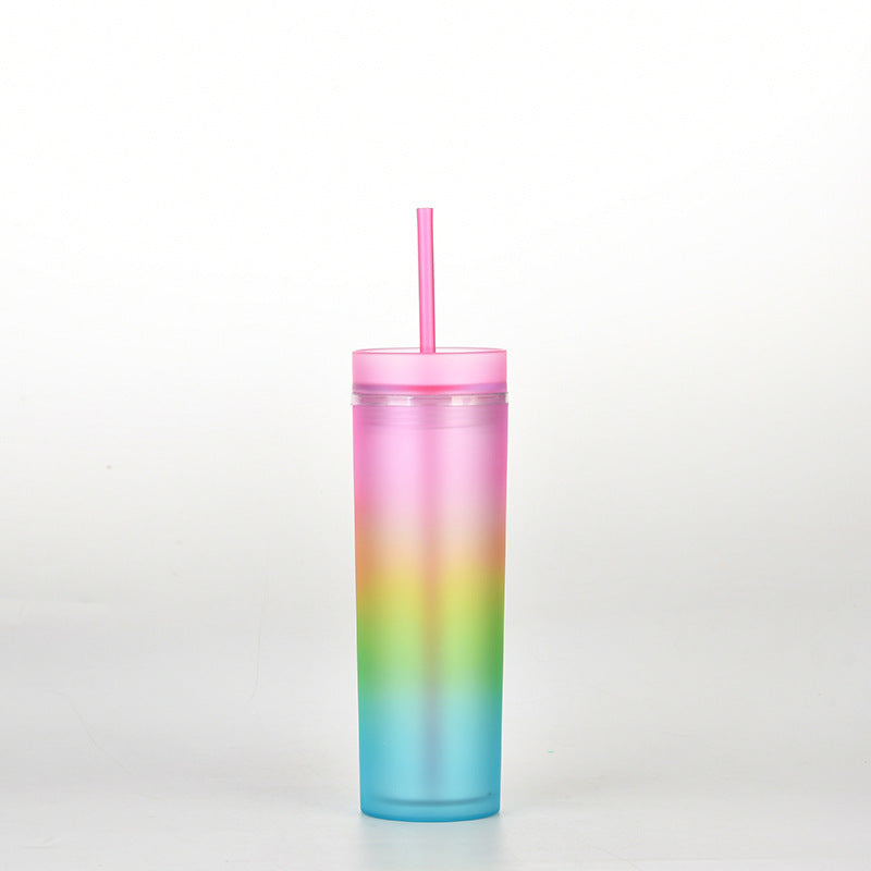 This is cup C. It has a light pink lid. Its gradient colours from botton to top are blue, green, yellow orange, pink