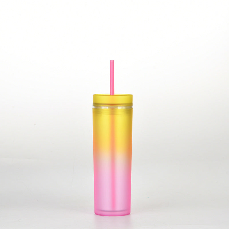 This is cup D. It has a yellow lid. Its gradient colours from botton to top are pink, orange, yellow