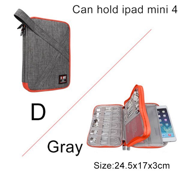 D Size Grey Cable Organiser bag for travel. it is rectangular with a orange zipper. it has a pouch opened up showing where the cable are organised, there is a large pocket for a small tablet or phones, plugs and 3 other organiser bands.