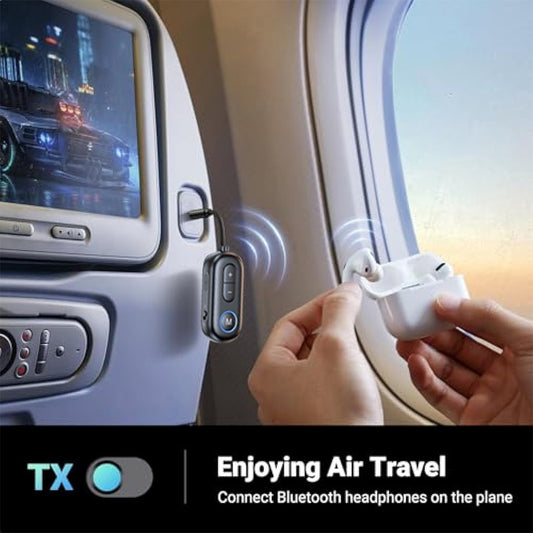 Person on a flight with adapter plugged in to the in flight entertainment system and they are taking their airpods out of the case.