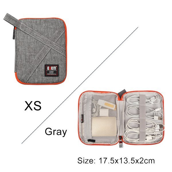 extra small grey Cable Organiser bag for travel. it is rectangular with a zipper. it has a pouch opened up showing where the cable are organised , there is a pocket for power banks or plugs and 4 organiser bands.