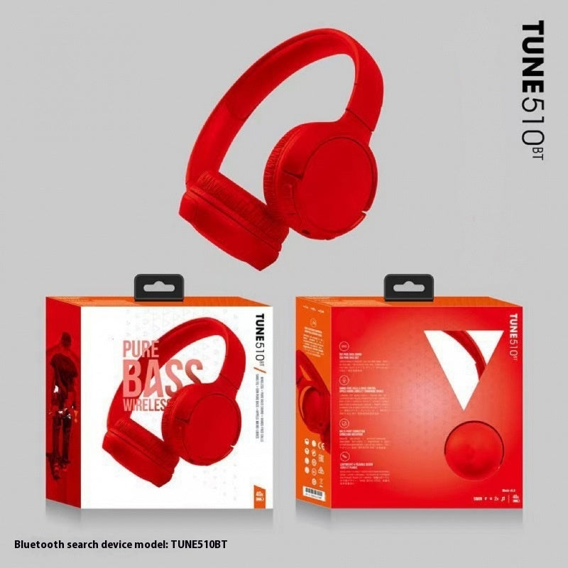 Red Pure Bass Wireless Bluetooth Headphones with cushioned over-ear design and foldable headband, ideal for travel and theme park use