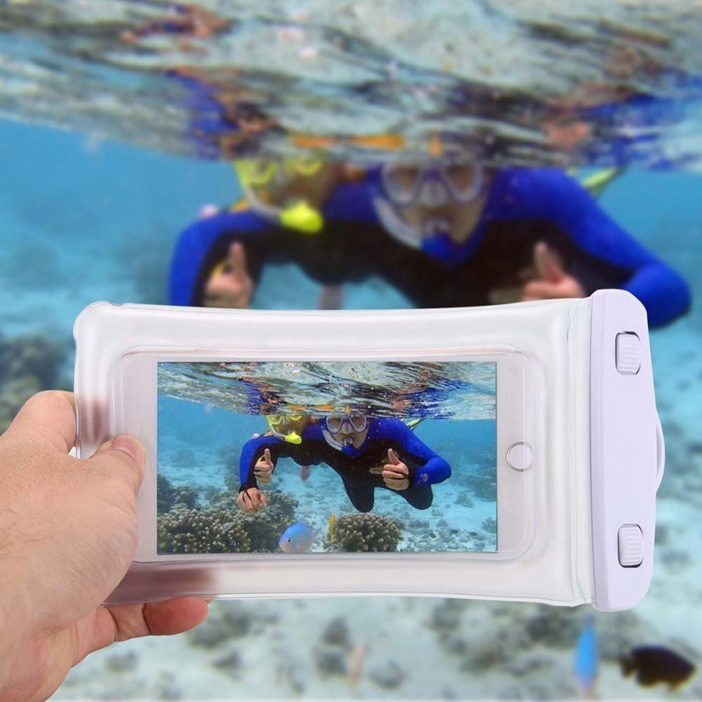 This waterproof smart phone holder can be used to take photos or videos under water.which is demonstrated by a person snorkeling under water and the phone in the pouch is being used to photograph the snorkeler.