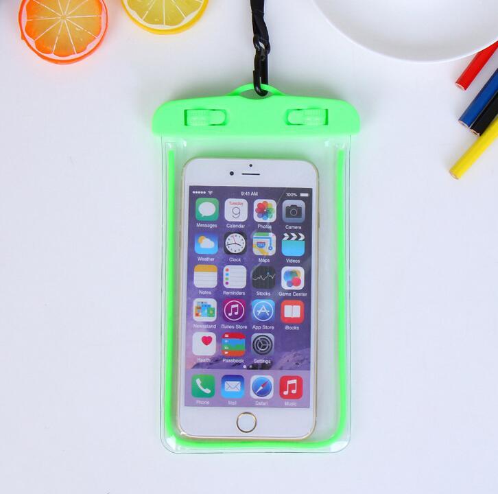 Green waterproof phone holder with lanyard, with transparent pvc pouch.