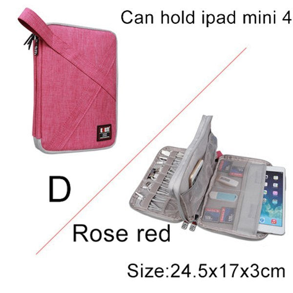 D Size Rose Red Pink Cable Organiser bag for travel. it is rectangular with a zipper. it has a pouch opened up showing where the cable are organised, there is a large pocket for a small tablet or phones, plugs and 3 other organiser bands.