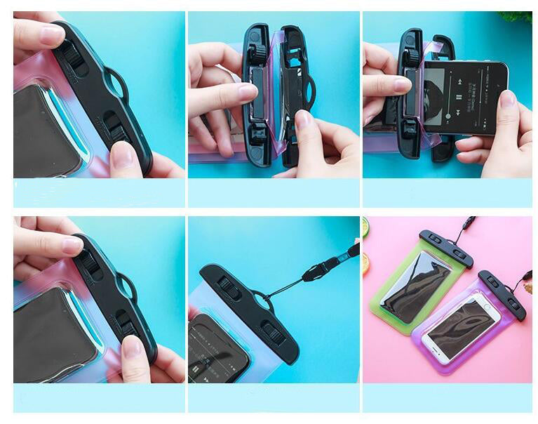 A photo that shows how to put your phone in the pouch. 1. open the clips. 2. open the top of the pouch. 3. slip your phone into the pouch. 4. close the top and the clips. 5. your phone is now ready to wear using the lanyard it can hang around your neck.