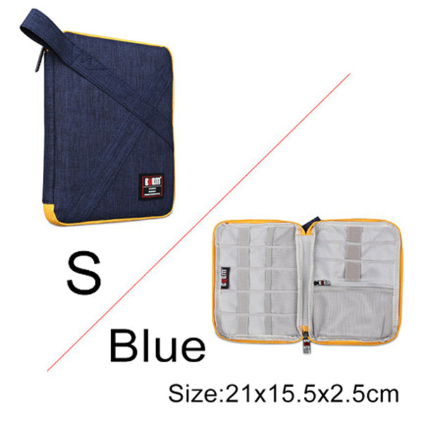 Small grey Cable Organiser bag for travel. it is rectangular with an orange zipper. it has a pouch opened up showing where the cable are organised , there is a pocket for phones or plugs and 3 other organiser bands.