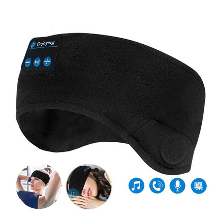 Black Bluetooth headband with control buttons on a white background