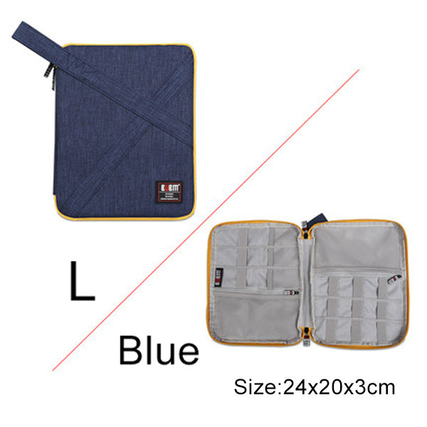Large Blue Cable Organiser bag for travel. it is rectangular with a yellow zipper. it has a pouch opened up showing where the cables are organised , there is a pocket with a zip for phones or plugs and 3 other organiser bands and a power bank pocket.