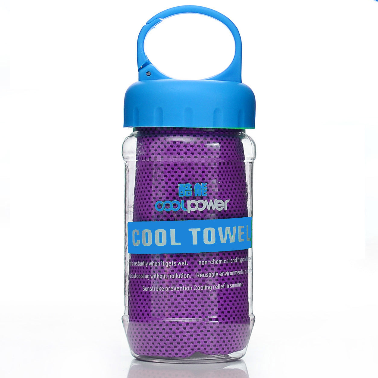 Purple Cooling Towel in a little plastic bottle with a bag clip on the lid for easy travel and space saving purposes.