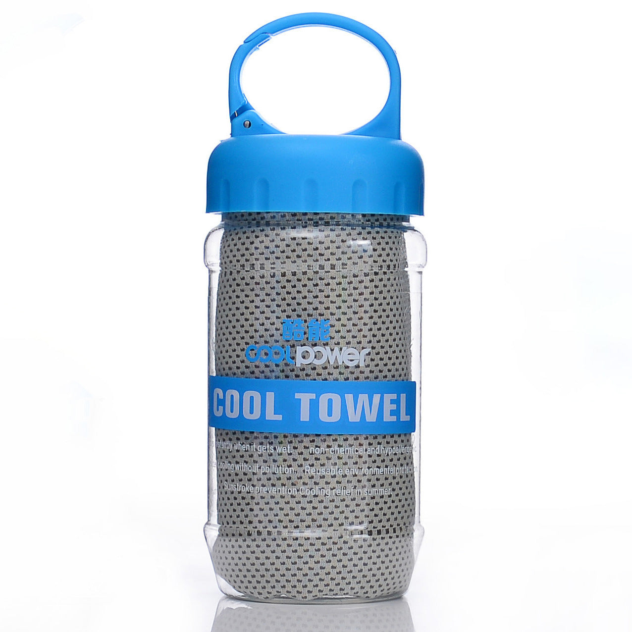 Grey Cooling Towel in a little plastic bottle with a bag clip on the lid for easy travel and space saving purposes.