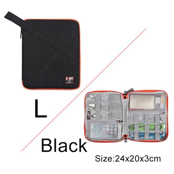 Large Black Cable Organiser bag for travel. it is rectangular with an orange zipper. it has a pouch opened up showing where the cables are organised , there is a pocket with a zip for phones or plugs and 3 other organiser bands on the other side and a power bank pocket.