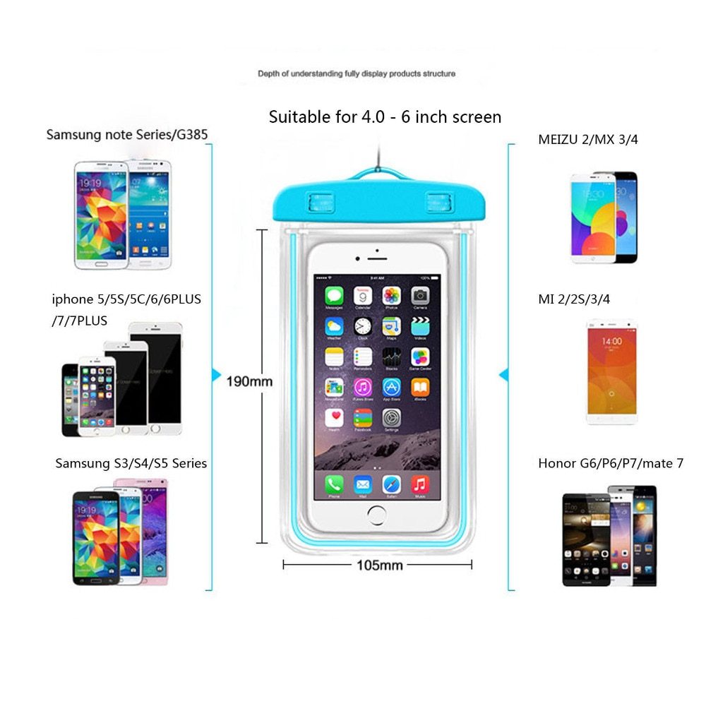 This photo shows that the waterproof phone pouch can fit many phone types.