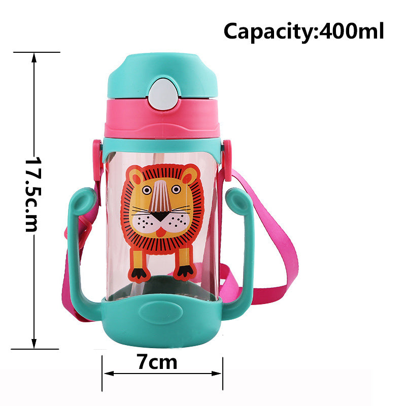 Children's water bottle with lion design, measurements, and capacity label on a white background. Capcity is 400ml the measurements of the cup is 7cm x 17.5cm. the cup has handles and lanyard for independent sipping.