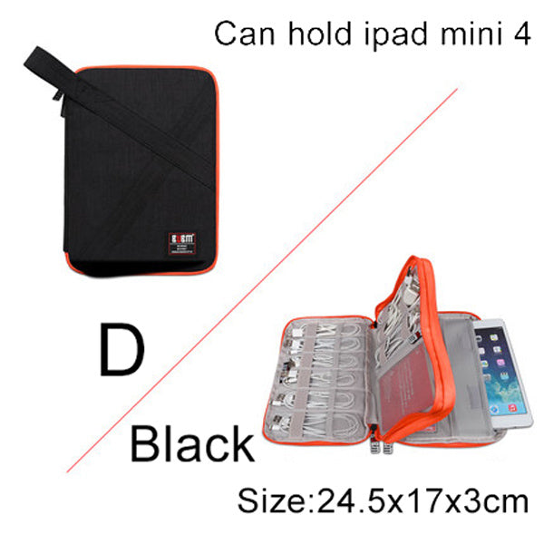 D Size black Pink Cable Organiser bag for travel. it is rectangular with a orange zipper. it has a pouch opened up showing where the cable are organised, there is a large pocket for a small tablet or phones, plugs and 3 other organiser bands.