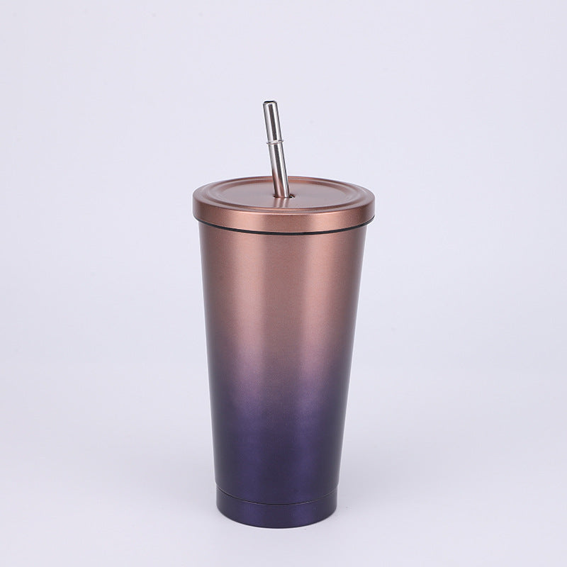 Stainless Steel Insulated Tumbler in gradient colour yellow purple (purple at the bottom and the top is a copper colour), size of 500ml with Straw.