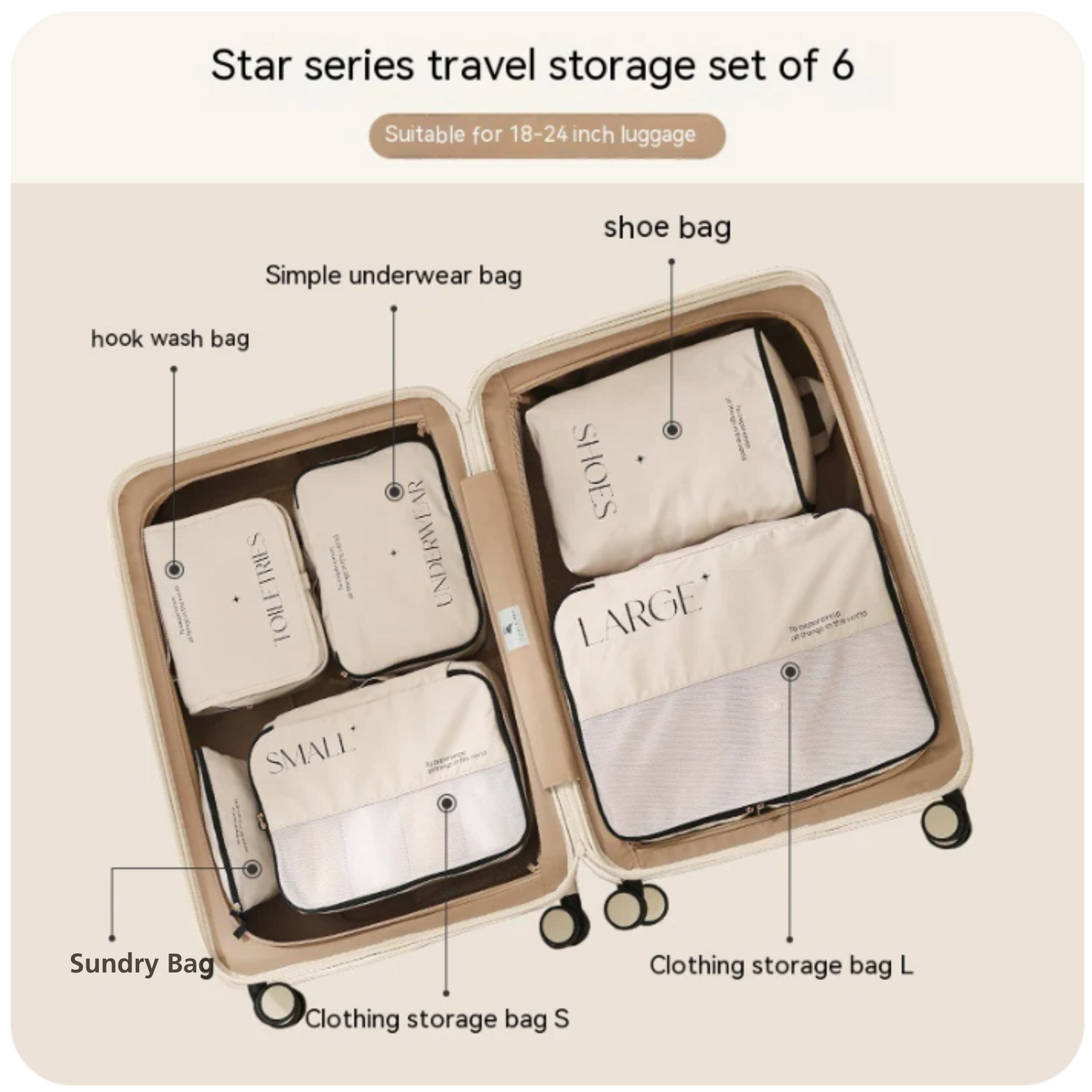 This shows the 6 piece set of packing cubes. this beige/cream set with black writing on is an aesthetically pleasing set of packing cubes. This set includes clothing storage bag in small and large, toiletries bag with hook, underwear bag, shoe bag and sundry bag which can be used for gadgets, cables or make up.
