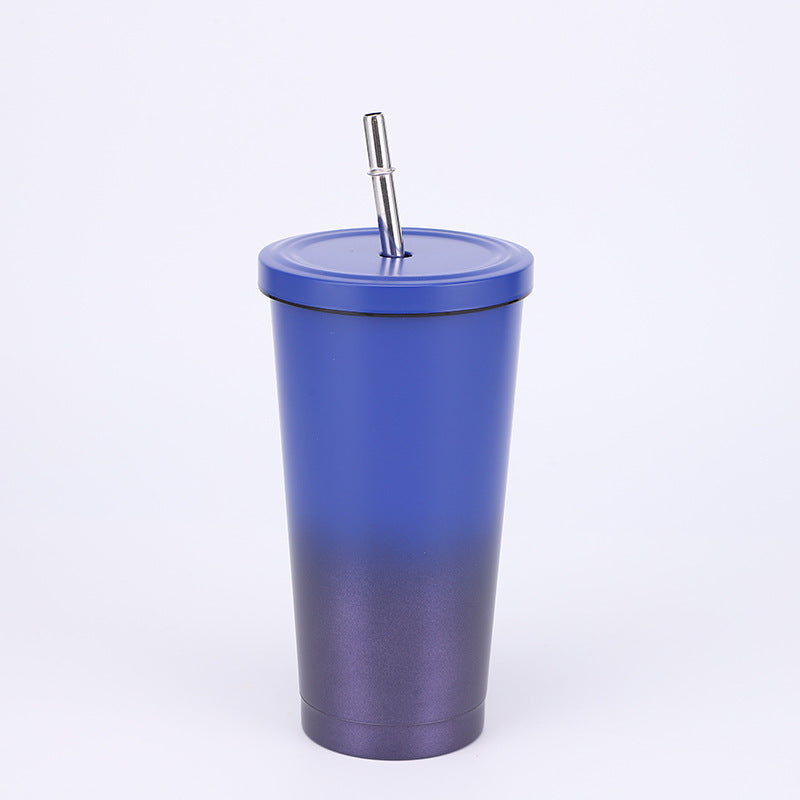 Stainless Steel Insulated Tumbler in gradient colours of purple at the bottom and blue at the top. comes in one size of 500ml with Straw.