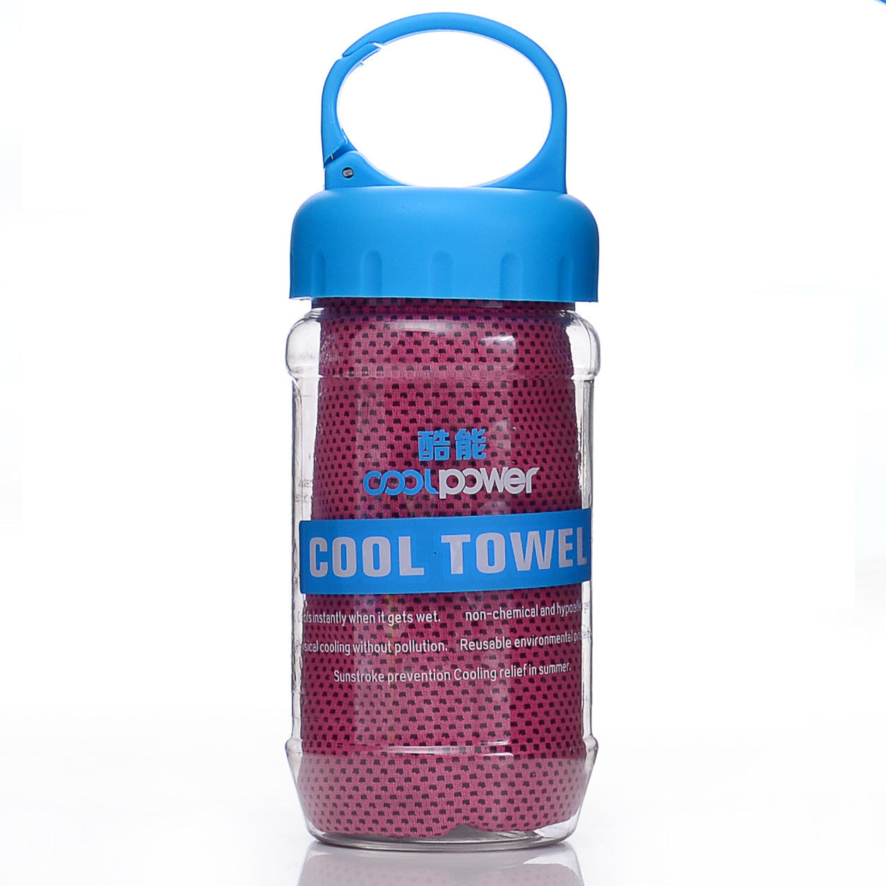 Rose Red Cooling Towel in a little plastic bottle with a bag clip on the lid for easy travel and space saving purposes.