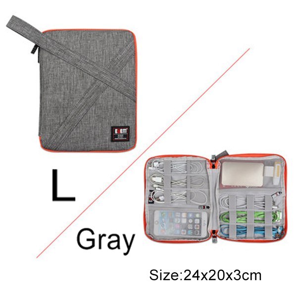 Large grey Cable Organiser bag for travel. it is rectangular with a zipper. it has a pouch opened up showing where the cable are organised , there is a pocket for phones or plugs and 3 other organiser bands.
