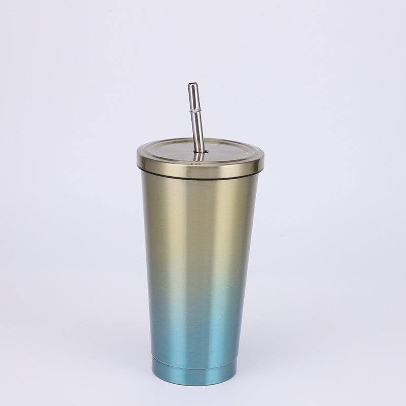 Stainless Steel Insulated Tumbler in gradient colour yellow green (blue/green at the bottom and the top is a yellow gold colour), size of 500ml with Straw.