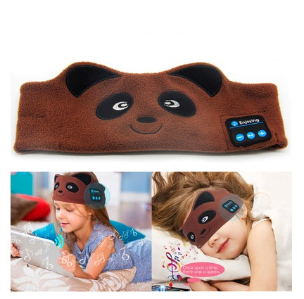 Brown bear Bluetooth headband worn by children on a white background.
