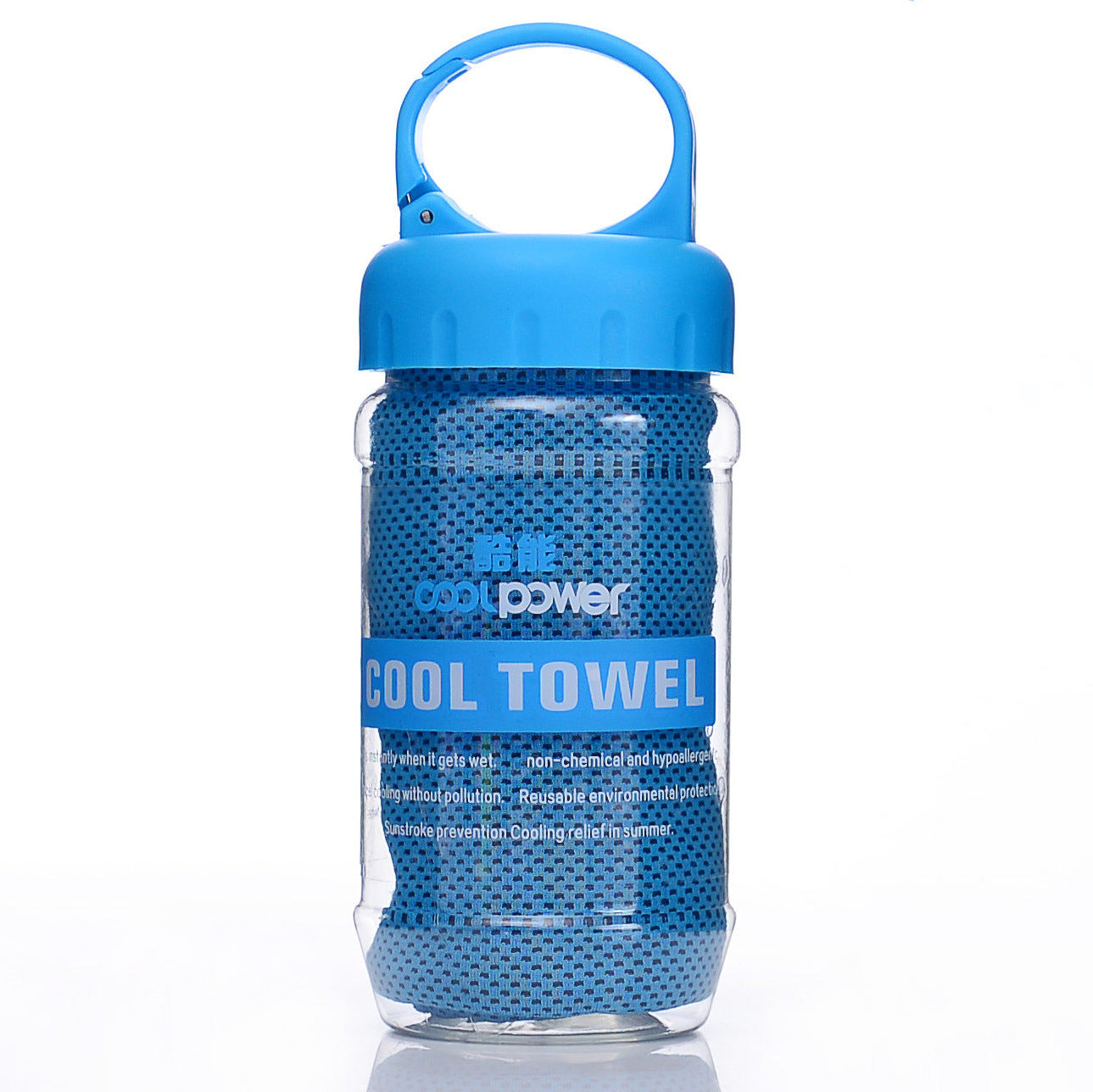 Blue Cooling Towel in a little plastic bottle with a bag clip on the lid for easy travel and space saving purposes.