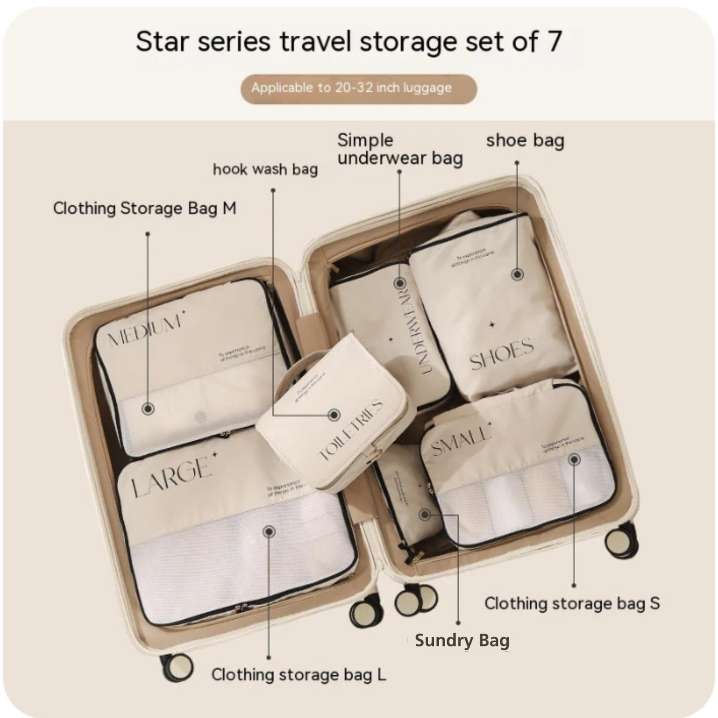 This shows the 7 piece set of packing cubes. this beige/cream set with black writing on is an aesthetically pleasing set of packing cubes. This set includes clothing storage bag in small, medium and large, toiletries bag with hook, underwear bag, shoe bag and sundry bag which can be used for gadgets, cables or make up.