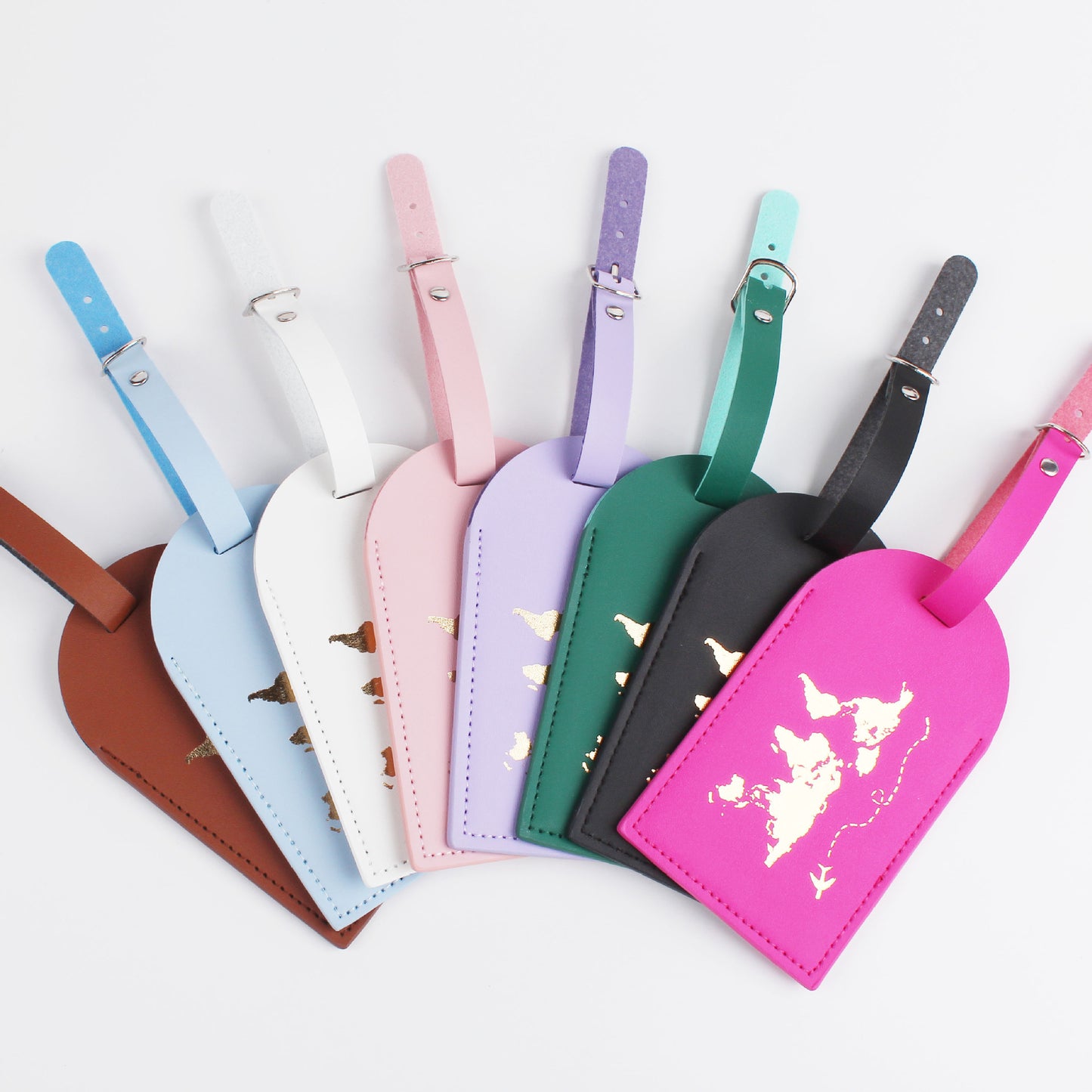 World Traveller Luggage Tag PU Leather in lovely colours and gold world detail