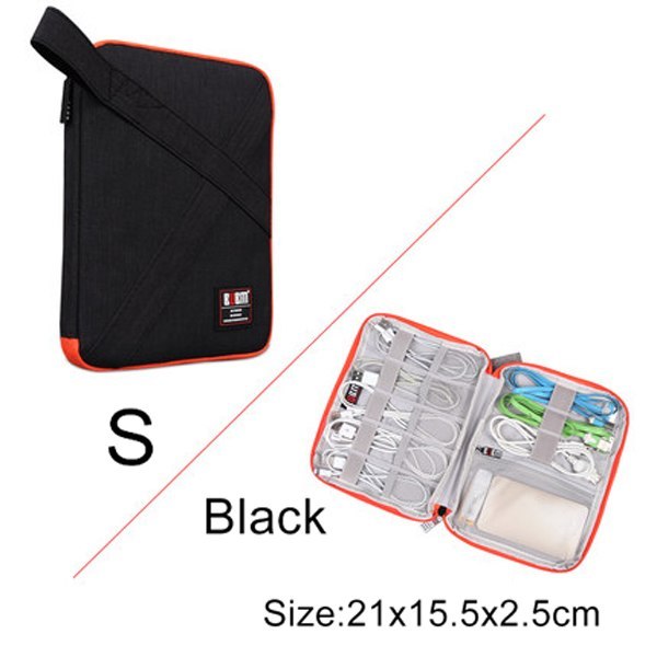 Small black Cable Organiser bag for travel. it is rectangular with an orange zipper. it has a pouch opened up showing where the cable are organised , there is a pocket for phones or plugs and 3 other organiser bands.