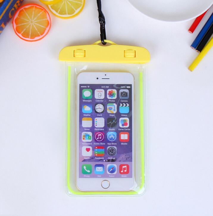 Yellow waterproof phone holder with lanyard, with transparent pvc pouch.