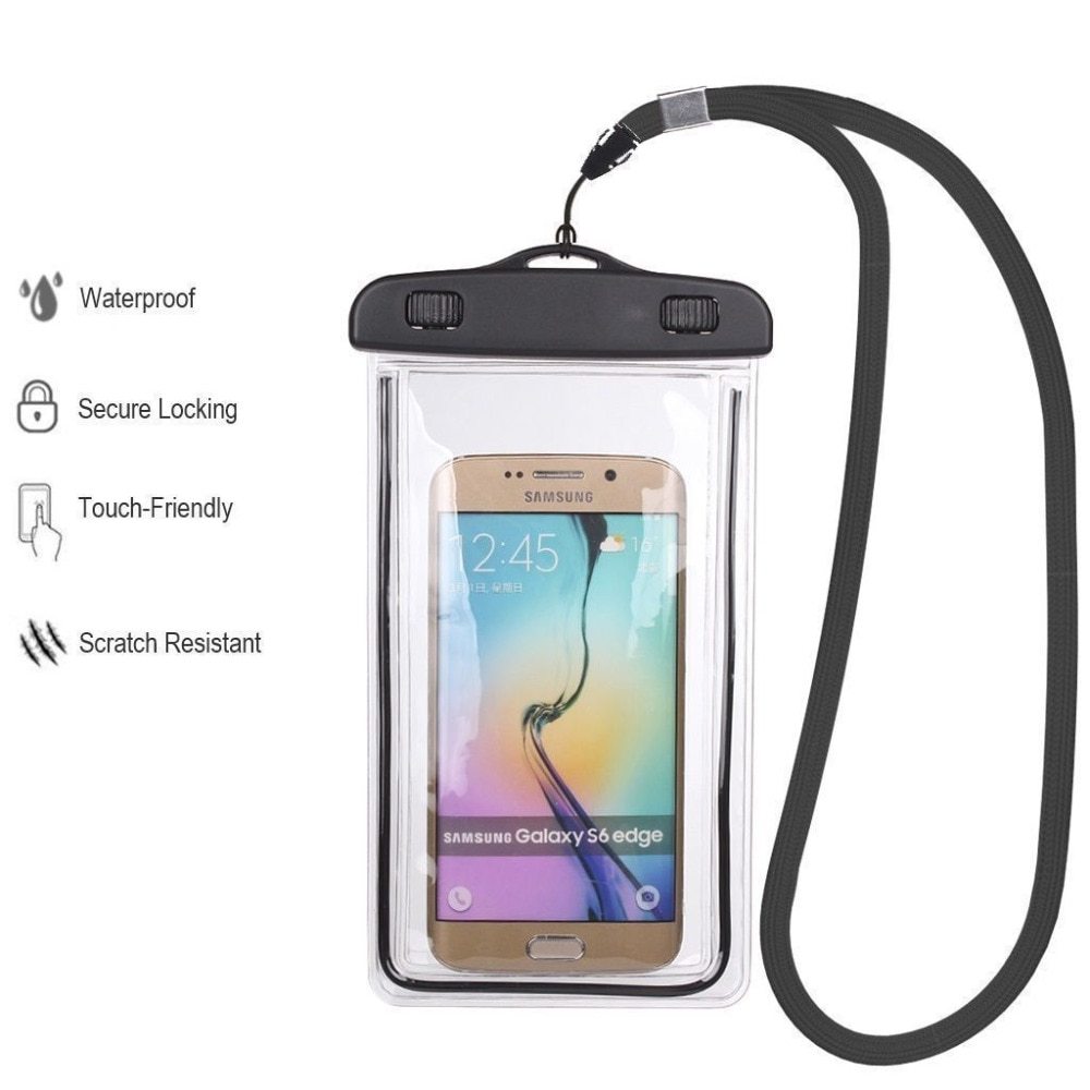 This photo has words that demonstrate the features of the waterproof phone pouch. it's waterproof, locks securely, is touch friendly and scratch resistant.