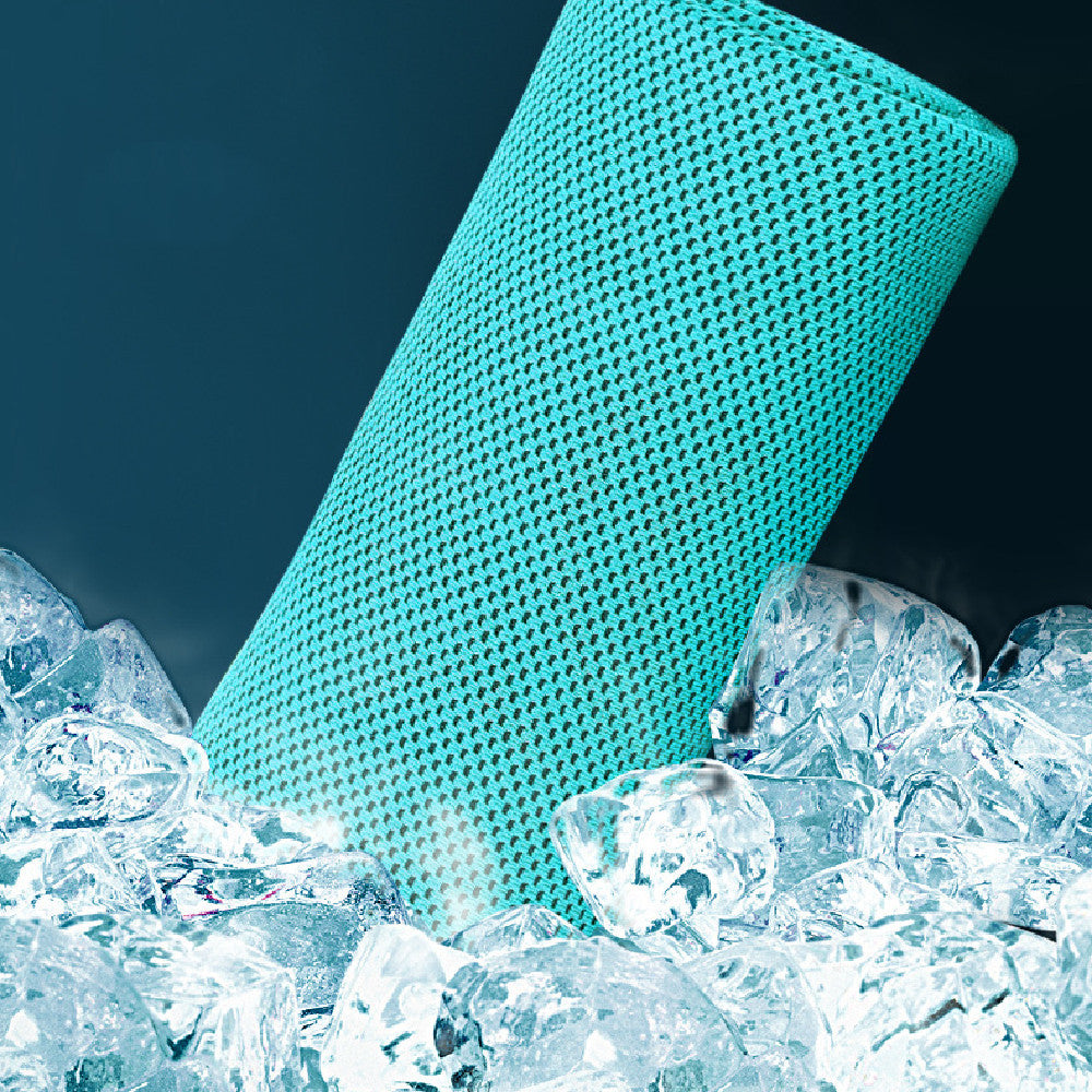 Blue Mesh Towel stuck in some ice to demonstrate its cooling and relief function.