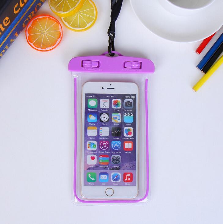 Purple waterproof phone holder with lanyard, with transparent pvc pouch.