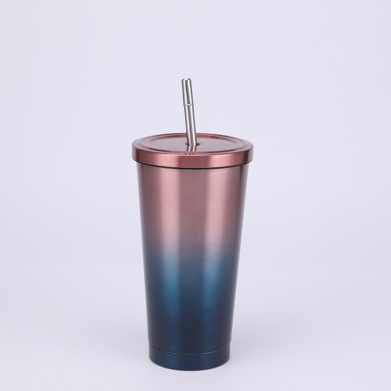 Stainless Steel Insulated Tumbler in gradient colour yellow blue (blue at the bottom and the top is a copper colour), size of 500ml with Straw.