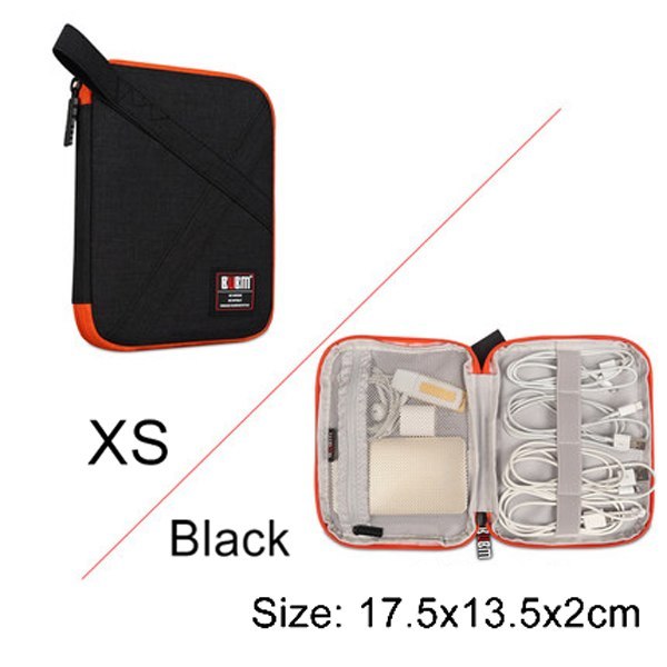 extra small black Cable Organiser bag for travel. it is rectangular with a zipper. it has a pouch opened up showing where the cable are organised , there is a pocket for power banks or plugs and 4 organiser bands.