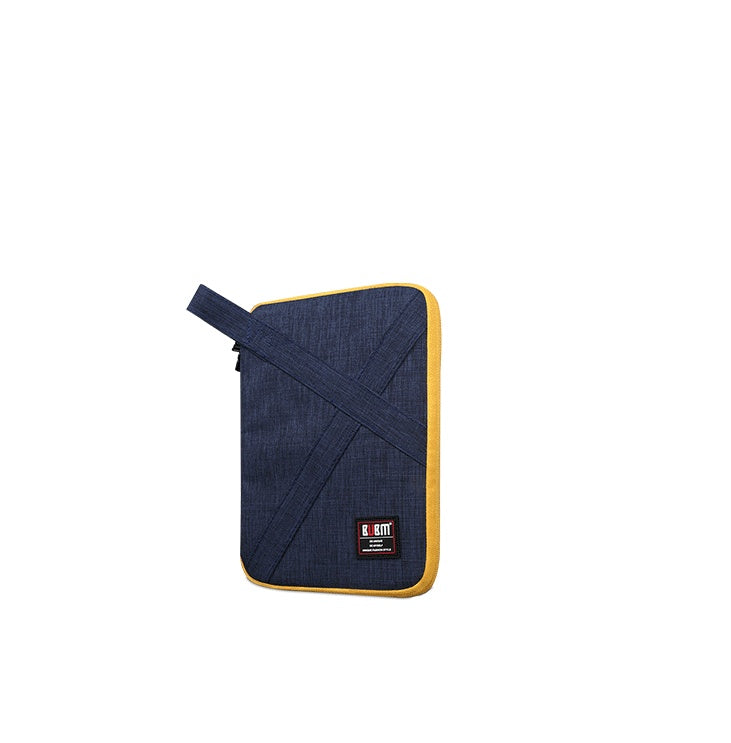 Small blue Cable Organiser bag for travel. it is rectangular with a yellow zipper.