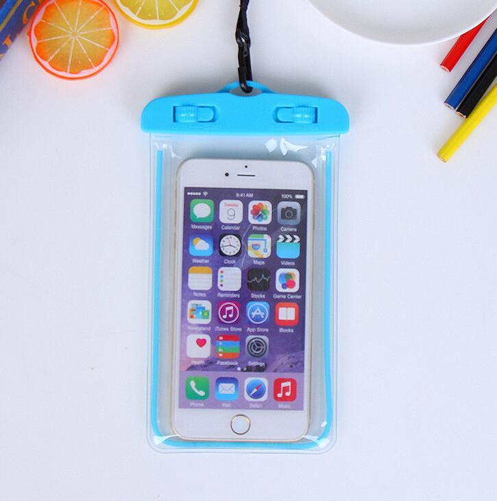 Blue waterproof phone holder with lanyard, with transparent pvc pouch.