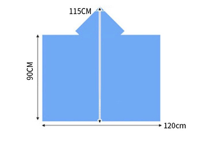 ths image shows the dimensions of the disposable poncho as 120cm along the width, 90cm length up the side and from the bottm to the top of the hood it is 115cm