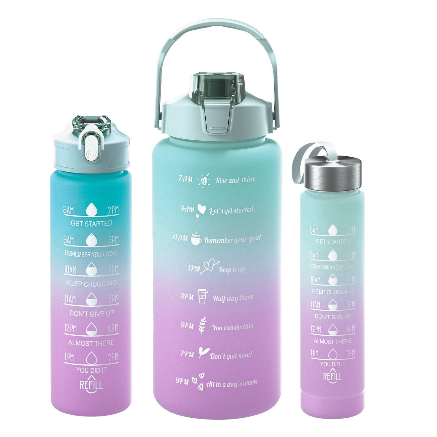 3-piece gradient Sports Cup Set in green,the gradient colours are pastels from the bottom up are purple to blue to green. with built in straw and 3 different sizes, 2 litres, 800ml and 300ml. They have a drinking time line on the bottles in gold. the smallest bottle has a screw on lid with a fabric handle. The larger bottles have the locking straw screw on lid and the large 2 litre bottle has a carrying handle.