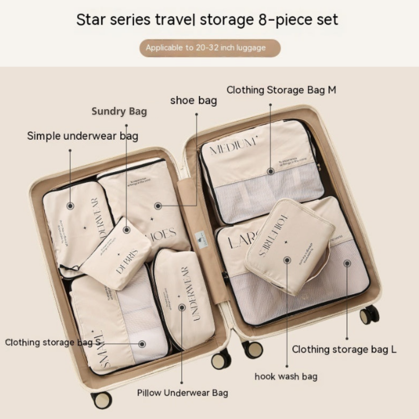 This shows the 8 piece set of packing cubes. this beige/cream set with black writing on is an aesthetically pleasing set of packing cubes. This set includes clothing storage bag in small, medium and large, toiletries bag with hook, underwear cube and underwear bag, shoe bag and sundry bag which can be used for gadgets, cables or make up.