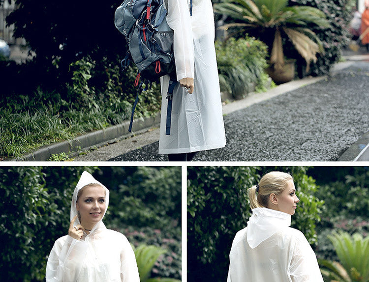 EVA Raincoat for Adults in white. The young woman is wearing the raincoat, walking through a garden