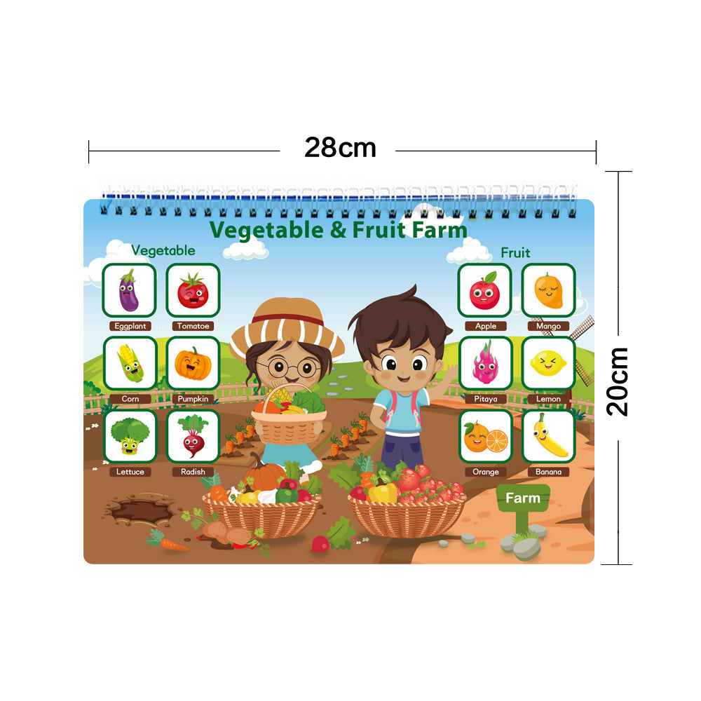 The busy book is open and shows the vegetable and fruit farm page with fruit and vegetable pictures. the image is showing the siz of the book which is 28cm x 20cm